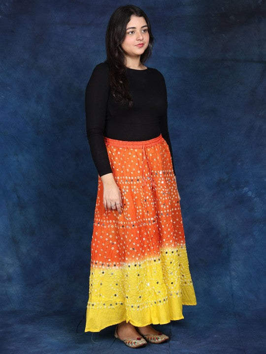 Paprika And Lemon Bandhani Tie-Dye Pure Cotton Skirt with Large Sequins-2