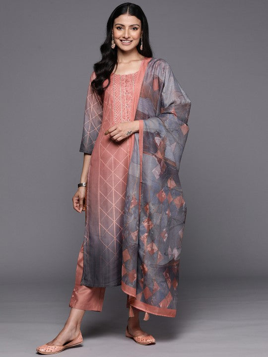 Women Peach-Coloured Floral Yoke Design Thread Work Kurta with Trousers & With Dupatta-1