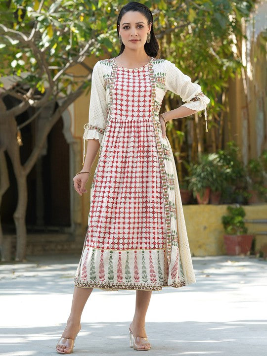 Women Cream-Coloured & Maroon Checked Maxi Dress-1
