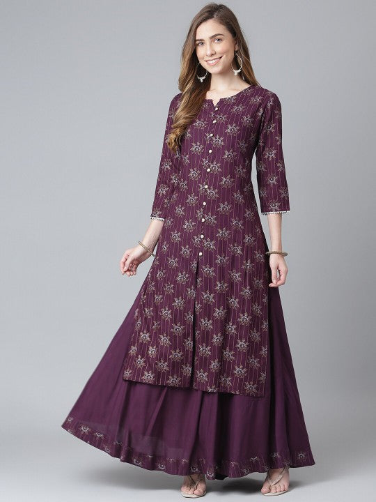 Women Purple Ethnic Motifs Printed Kurta with Skirt-1