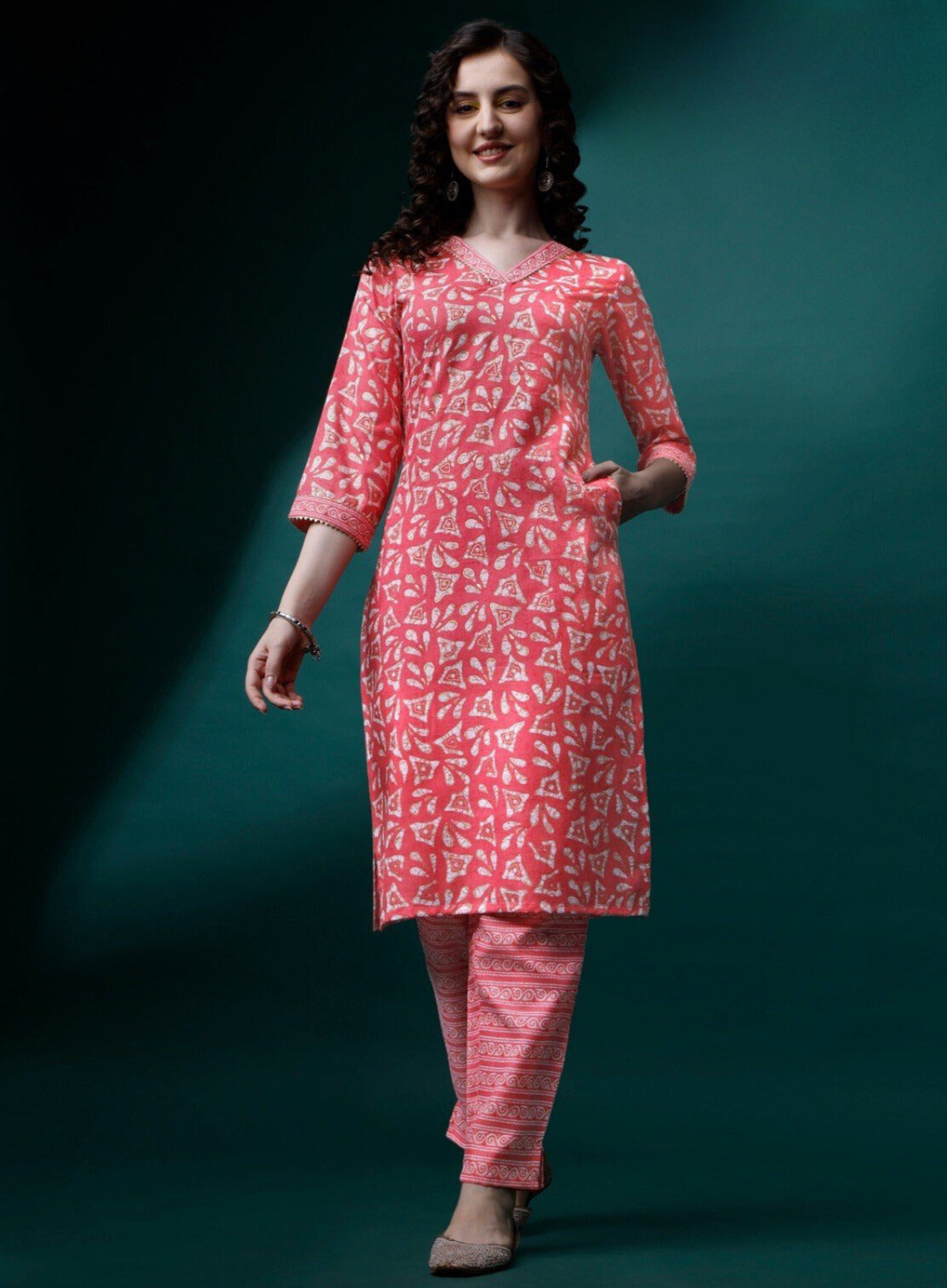 V-Neck Cotton Printed Design Kurta Set