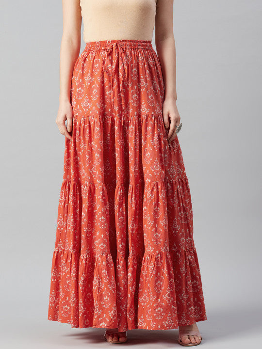 Floral Printed Tiered Flared Maxi Skirt-11