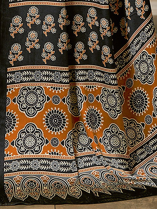 Black & Orange Ethnic Motifs Block Printed Sarees