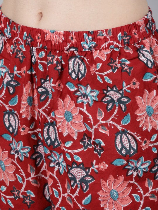 Women Red Floral Printed Kurta With Trouser & Dupatta-10