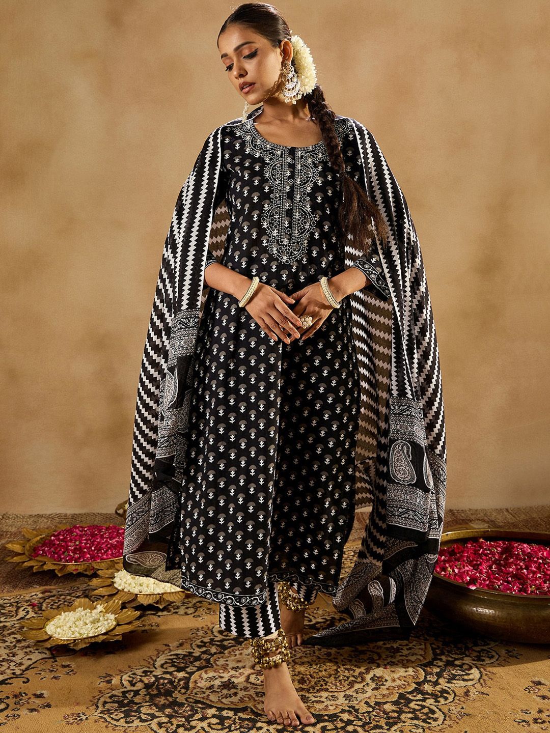 Black Ethnic Motifs Printed Pure Cotton Straight Kurta With Trousers & Dupatta-1