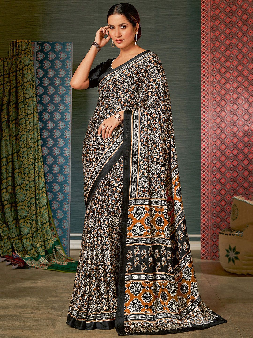 Black & Orange Ethnic Motifs Block Printed Sarees