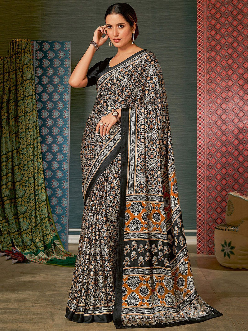 Black & Orange Ethnic Motifs Block Printed Sarees-2