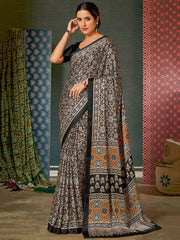 Black & Orange Ethnic Motifs Block Printed Sarees