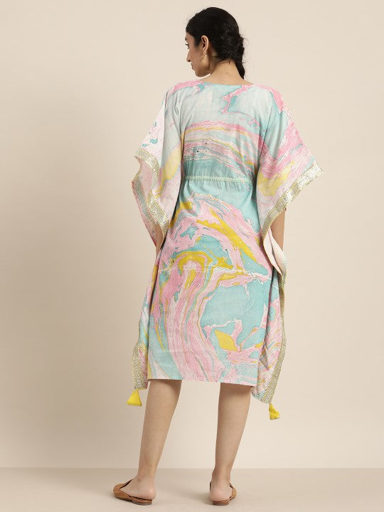 Women Blue & Pink Pure Cotton Marbel Print Kaftaan Kurta
