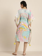 Women Blue & Pink Pure Cotton Marbel Print Kaftaan Kurta