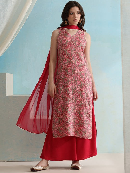 Paisley Printed V-Neck Sleeveless Kurta with Palazzos & With Dupatta-1