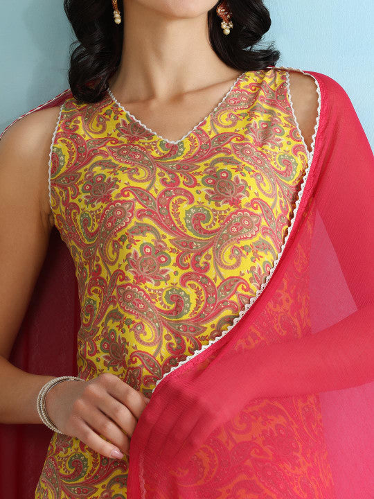 Paisley Printed V-Neck Sleeveless Kurta with Palazzos & With Dupatta-6