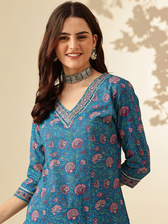 Floral Printed Regular Pure Cotton Kurta With Trousers & Dupatta-2