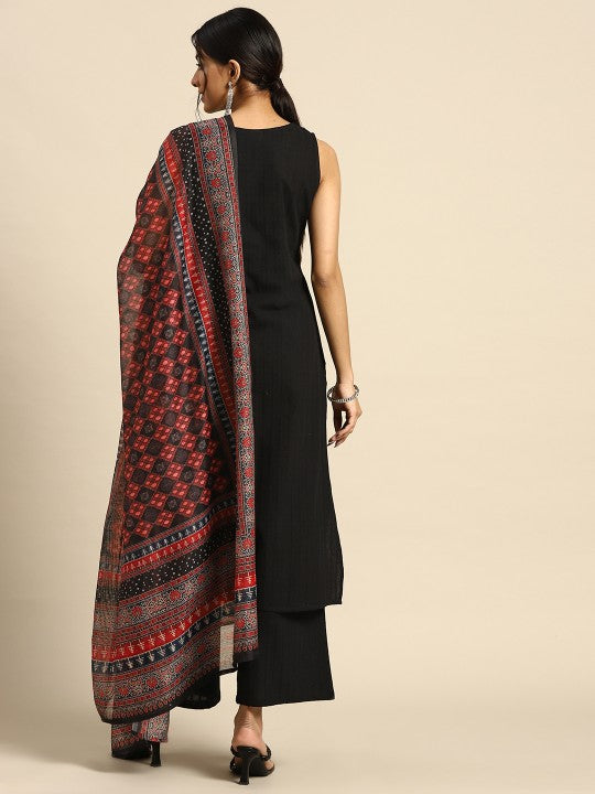 Women Black Ethnic Motifs Pure Cotton Kurta with Palazzos & Dupatta-3
