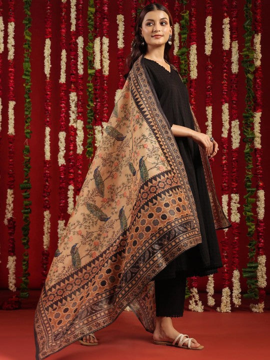 Black & Orange Self Design V-Neck Cotton Anarkali Kurta with Trousers & Dupatta-4