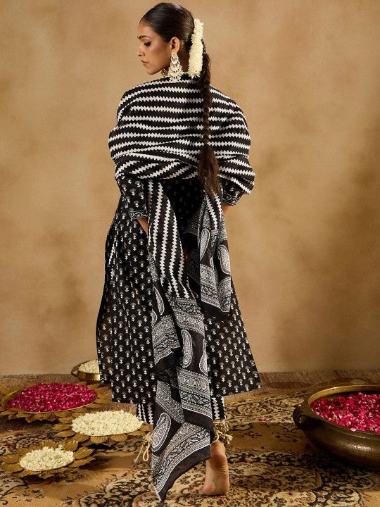 Black Ethnic Motifs Printed Pure Cotton Straight Kurta With Trousers & Dupatta-3