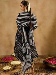 Black Ethnic Motifs Printed Pure Cotton Straight Kurta With Trousers & Dupatta