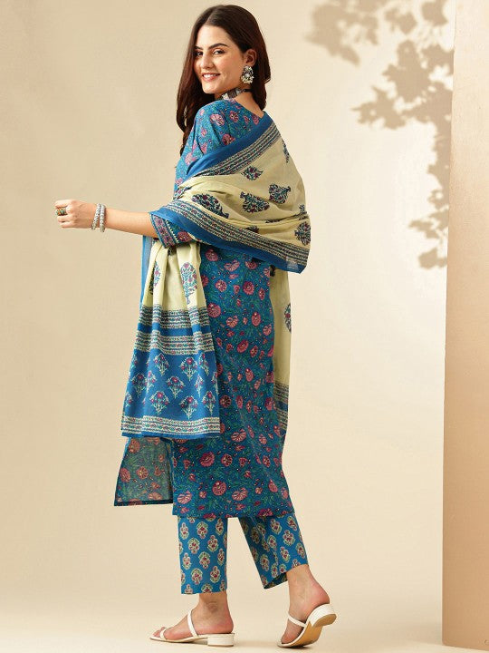 Floral Printed Regular Pure Cotton Kurta With Trousers & Dupatta-4