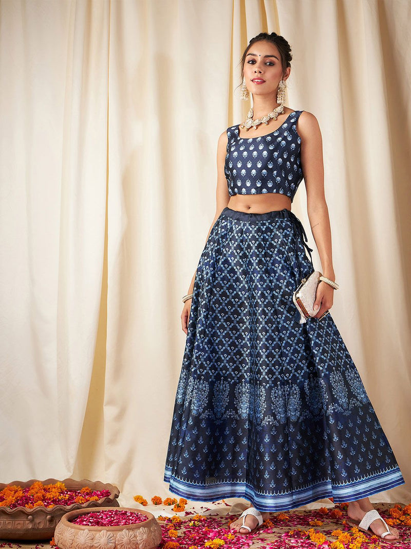 Women Deep Navy Blue Floral Skirt-1
