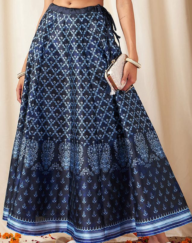 Women Deep Navy Blue Floral Skirt-2