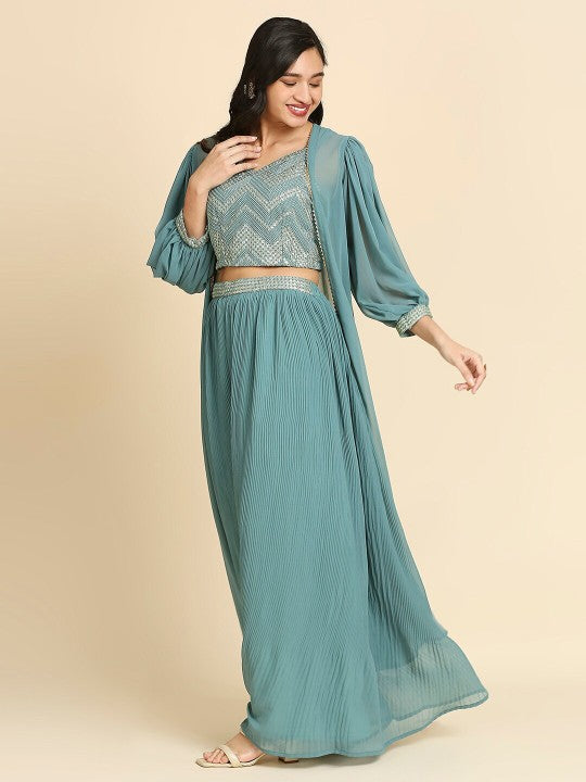 Teal & Gold-Toned Embellished Ready to Wear Lehenga Choli with Jacket