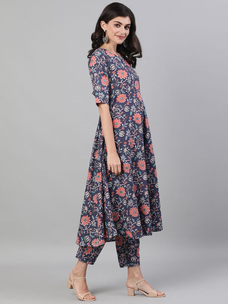 Women Red Floral Printed Kurta With Trouser & Dupatta-3