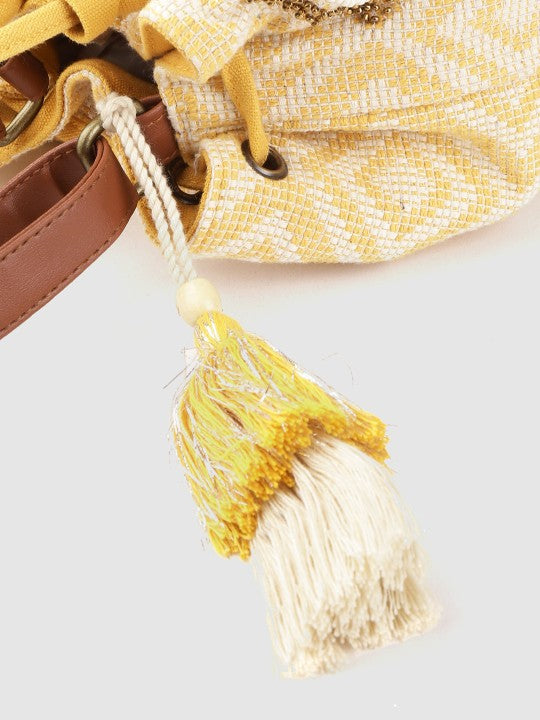 Women Yellow & Off-White Embellished Sling Bag-7