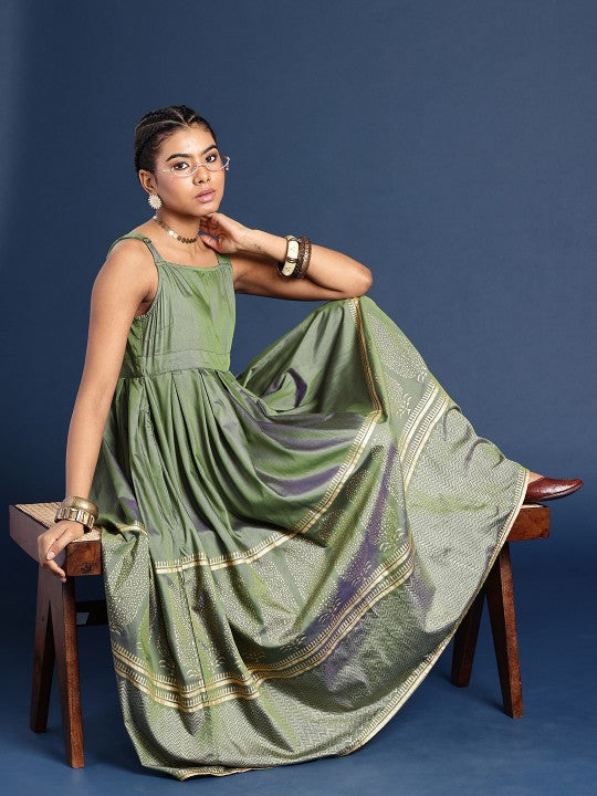 Smocked Printed Flared Midi Taavi Festive Ethnic Dresses-2