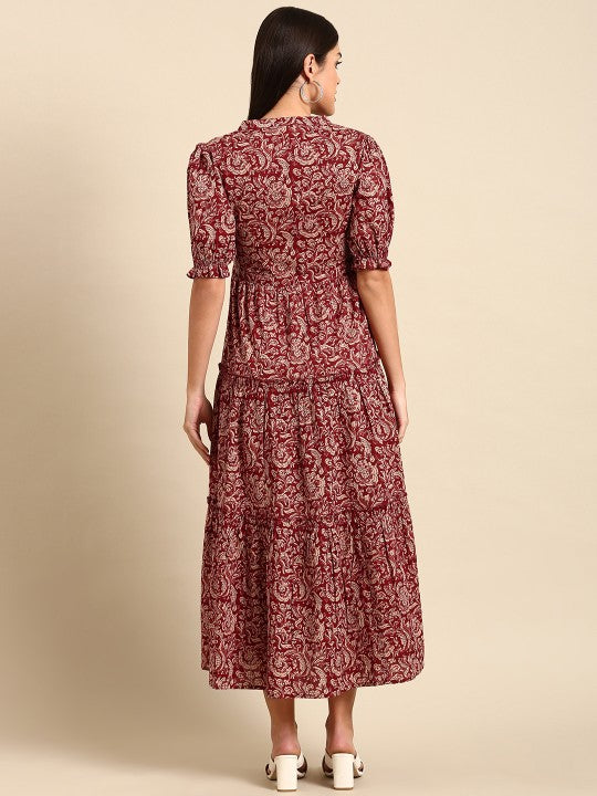 Red Floral Ethnic A-Line Cotton Midi Ethnic Dress