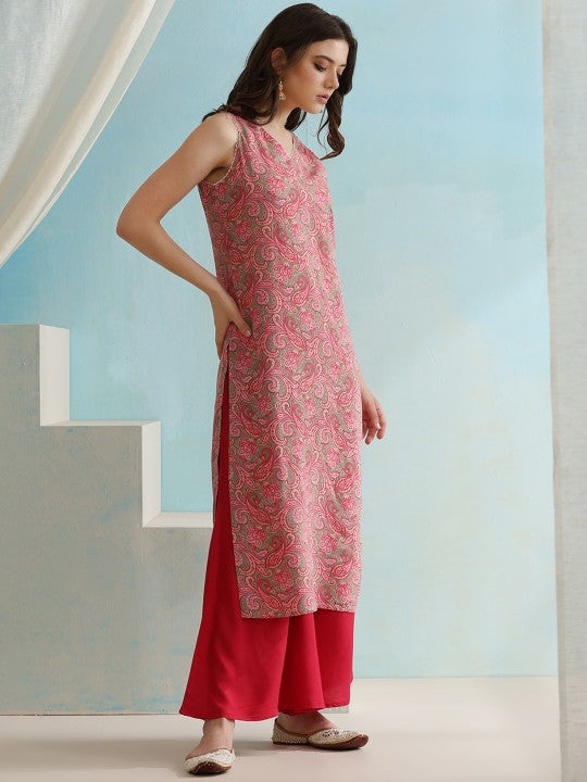 Paisley Printed V-Neck Sleeveless Kurta with Palazzos & With Dupatta-4