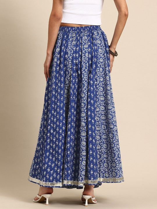Floral Printed Pure Cotton Flared Maxi Skirt-5