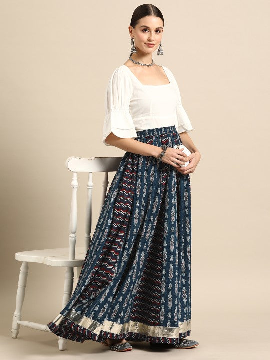 Anayna Women Printed A-Line Flared Cotton Maxi Skirt-3