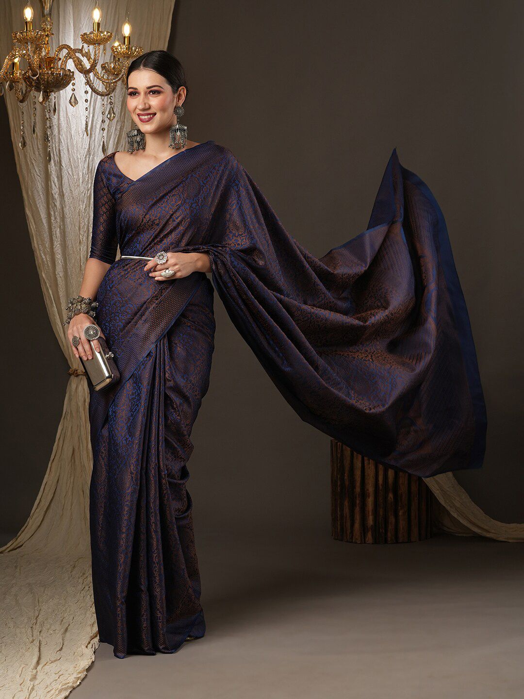 Navy Blue & Gold-Toned Woven Design Zari Silk Blend Banarasi Sarees-7