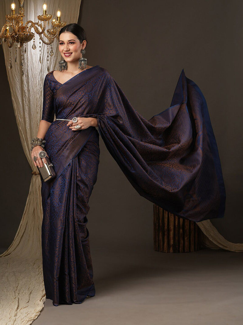 Navy Blue & Gold-Toned Woven Design Zari Silk Blend Banarasi Sarees-7