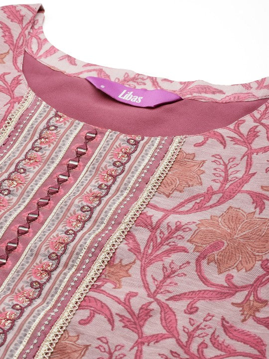 Floral Yoke Design Regular Mirror Work Kurta With Trousers & With Dupatta-3
