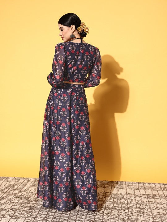 Navy Blue Printed Ready to Wear Lehenga Choli