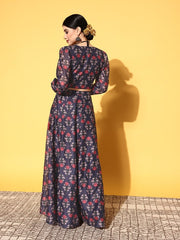 Navy Blue Printed Ready to Wear Lehenga Choli