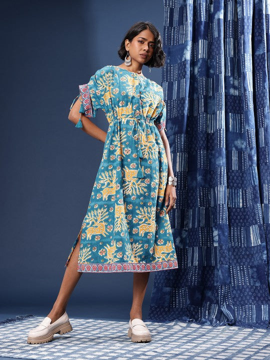 Pure Cotton Printed Tie Up Waist A-Line Sanganeri Ethnic Dress With Side Slit-2