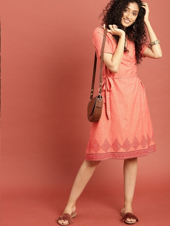 Orange Hand Block Print Legacy Angrakha Pure Cotton Dress with Tie-Up