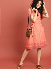 Orange Hand Block Print Legacy Angrakha Pure Cotton Dress with Tie-Up