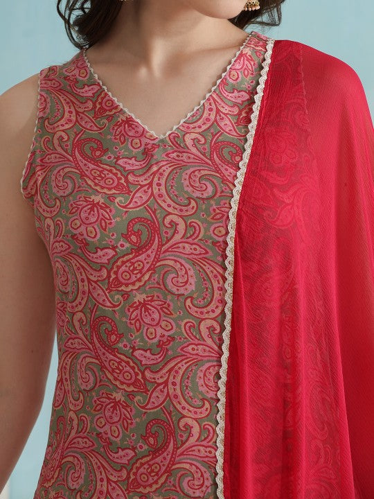 Paisley Printed V-Neck Sleeveless Kurta with Palazzos & With Dupatta-3
