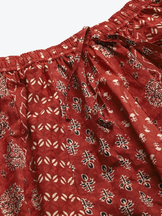 Maroon & Beige Printed Pure Cotton Maxi Flared Skirt