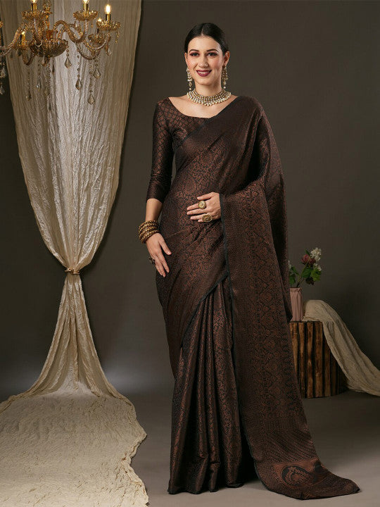 Navy Blue & Gold-Toned Woven Design Zari Silk Blend Banarasi Sarees-8