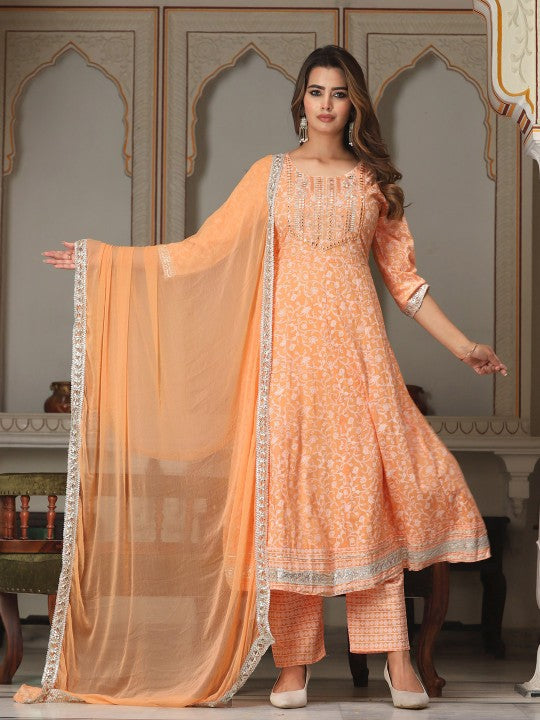 Floral Printed Mirror Work Anarkali Kurta & Trousers With Dupatta-4