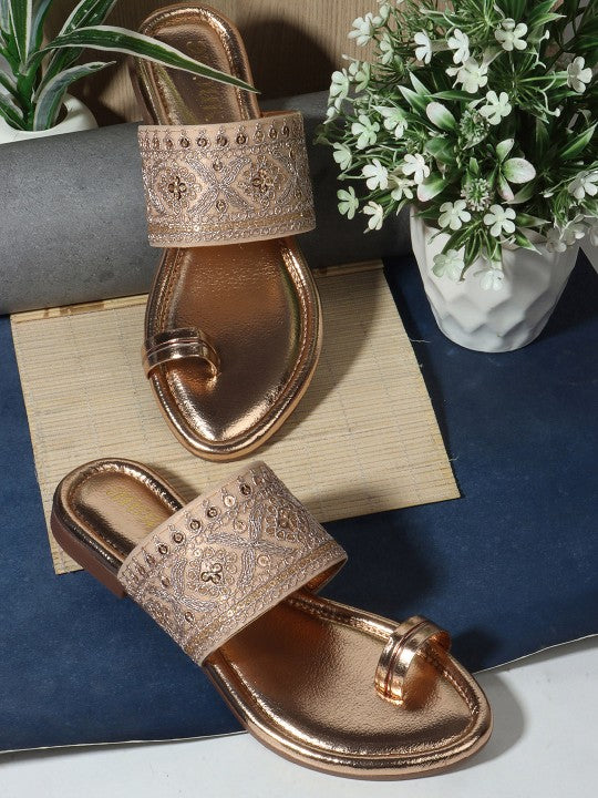 Women Ethnic Embellished One Toe Flats-1