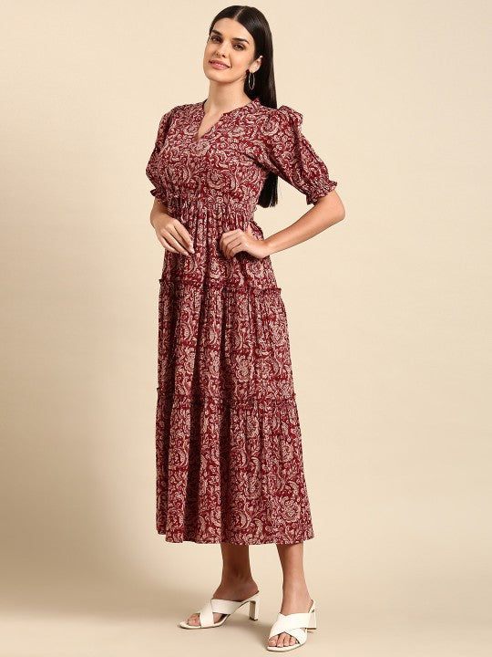 Red Floral Ethnic A-Line Cotton Midi Ethnic Dress-4
