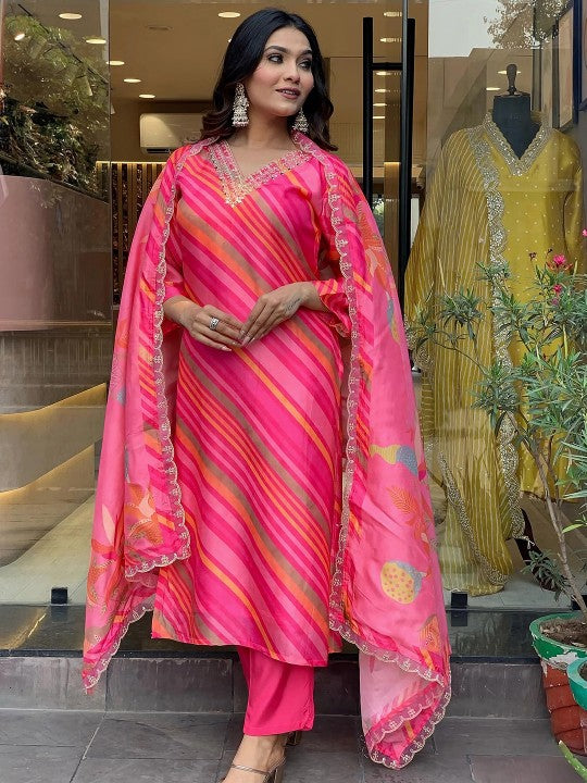 Leheriya Printed Sequinned Pure Silk Kurta with Trousers & Dupatta-1