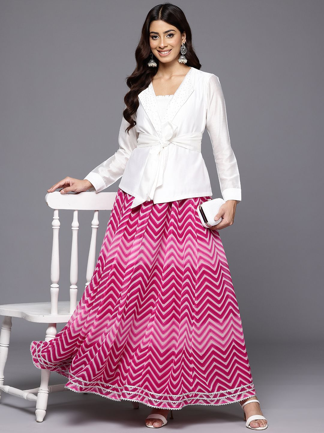Women Leheriya Printed Gotta Patti Detail Flared Maxi Skirt-5