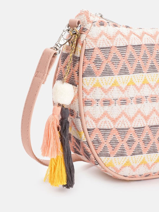 Textured Self Design Half Moon Sling Bag with Tasselled Detail-3