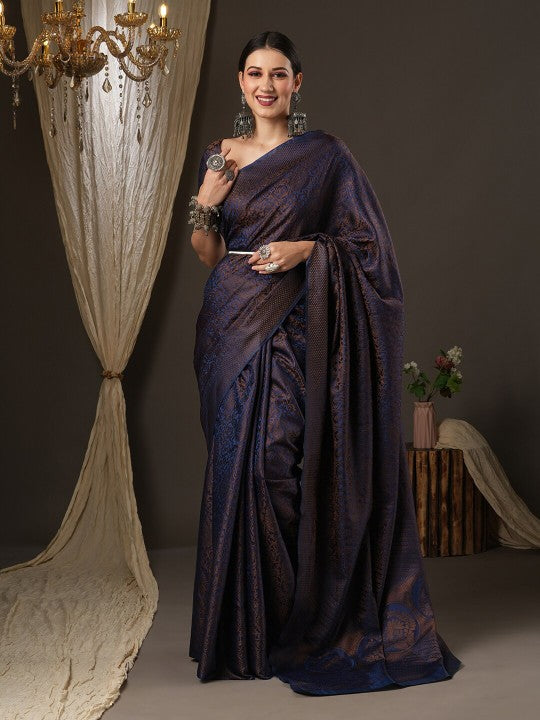 Navy Blue & Gold-Toned Woven Design Zari Silk Blend Banarasi Sarees-1
